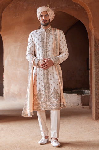 Pink tarana light gold dabka sherwani set by Nitika Gujral at Mrs. G