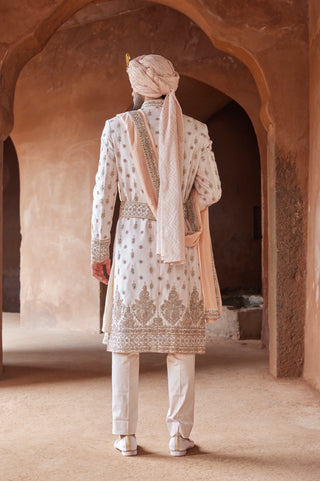 Pink tarana light gold dabka sherwani set by Nitika Gujral at Mrs. G
