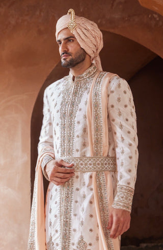 Pink tarana light gold dabka sherwani set by Nitika Gujral at Mrs. G
