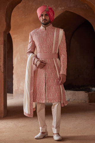 Pink tarana tonal beadwork sherwani set by Nitika Gujral at Mrs. G