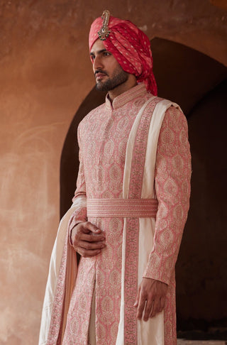 Pink tarana tonal beadwork sherwani set by Nitika Gujral at Mrs. G
