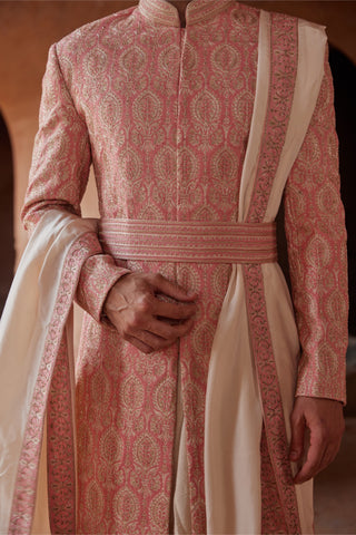 Pink tarana tonal beadwork sherwani set by Nitika Gujral at Mrs. G