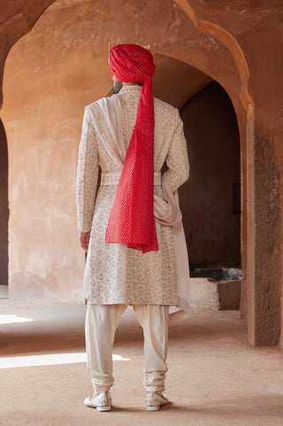 Beige tarana fine dabka sherwani set by Nitika Gujral at Mrs. G