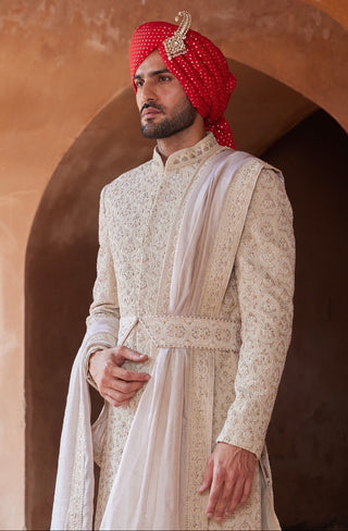 Beige tarana fine dabka sherwani set by Nitika Gujral at Mrs. G