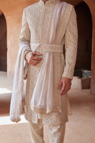 Beige tarana fine dabka sherwani set by Nitika Gujral at Mrs. G