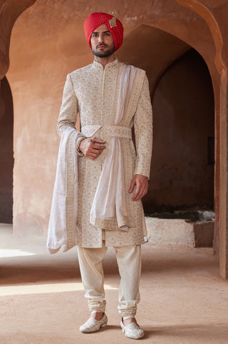 Beige tarana fine dabka sherwani set by Nitika Gujral at Mrs. G