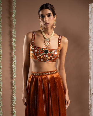 Rust orange velvet indo lehenga set