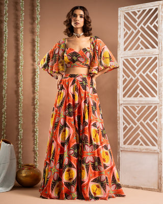 Multicolor abstract print cape lehenga set
