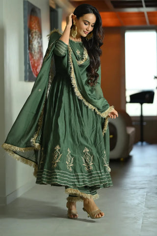 Mehendi green chanderi silk anarkali suit set