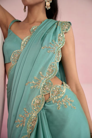 Saree Set Indian Wedding - Aqua Blue Solene Saree Set by Prevasu