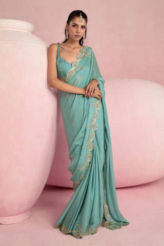 Saree Set Indian Wedding - Aqua Blue Solene Saree Set by Prevasu