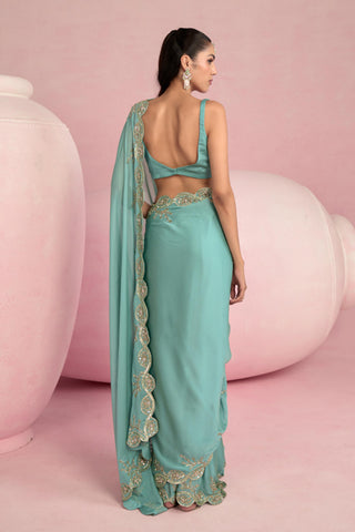 Saree Set Indian Wedding - Aqua Blue Solene Saree Set by Prevasu