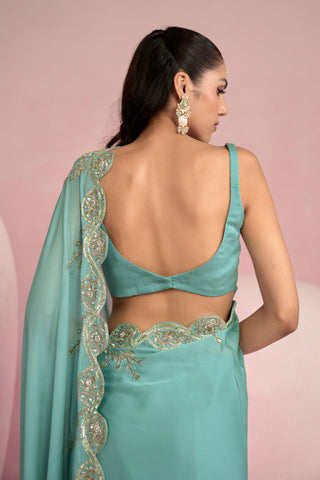 Saree Set Indian Wedding - Aqua Blue Solene Saree Set by Prevasu
