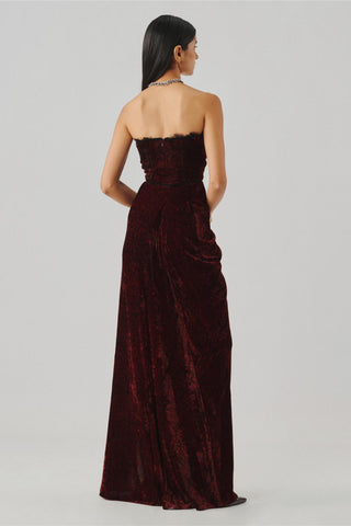 Ajrakh Gown - Indian Wedding - Charlotte Maroon Velvet by Aroka