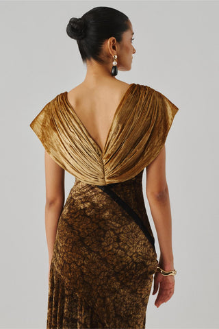 Gold velvet gown - Indian Wedding - Zarina Velvet Ajrakh Gown by Aroka