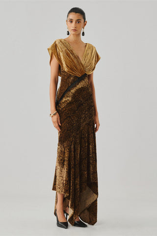 Gold velvet gown - Indian Wedding - Zarina Velvet Ajrakh Gown by Aroka