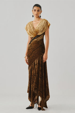Gold velvet gown - Indian Wedding - Zarina Velvet Ajrakh Gown by Aroka