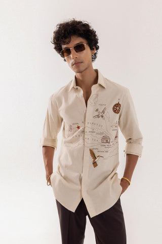 Full Sleeve Shirt for Special Occasions – Beige Arva Illustrated Map by Paarsh