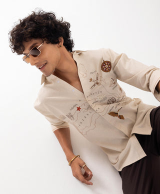 Full Sleeve Shirt for Special Occasions – Beige Arva Illustrated Map by Paarsh
