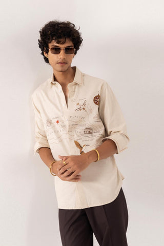 Full Sleeve Shirt for Special Occasions – Beige Arva Illustrated Map by Paarsh