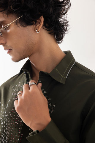 Full Sleeve Shirt for Special Occasions – Green Arva Abstract Kantha by Paarsh