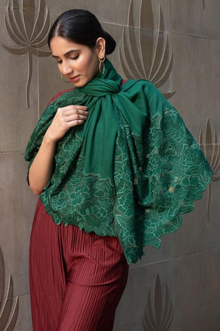 Stole Indian Wedding - Green Rose Dream Wool Silk by Mauli