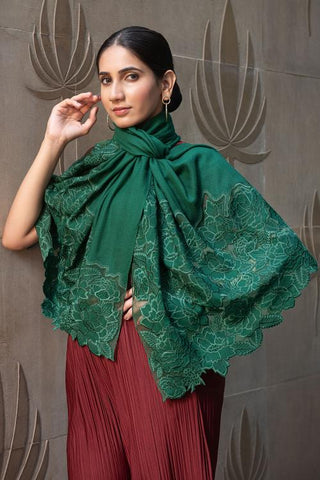 Stole Indian Wedding - Green Rose Dream Wool Silk by Mauli