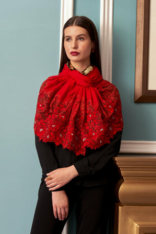 Stole Indian Wedding Wear - Red Rose Filigree Wool Silk by Mauli