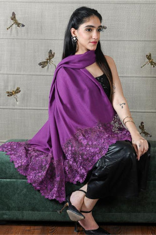 Stole Indian Wedding - Purple Rose Filigree Wool Silk by Mauli