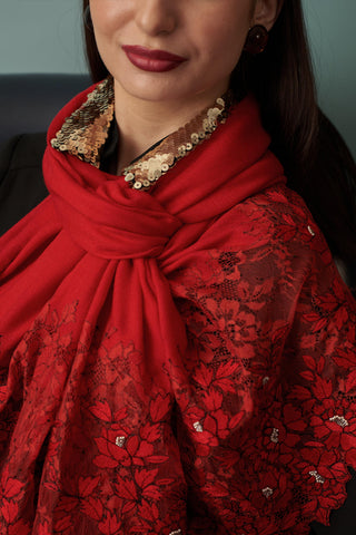 Stole Indian Wedding Wear - Red Rose Filigree Wool Silk by Mauli