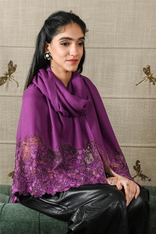 Stole Indian Wedding - Purple Rose Filigree Wool Silk by Mauli