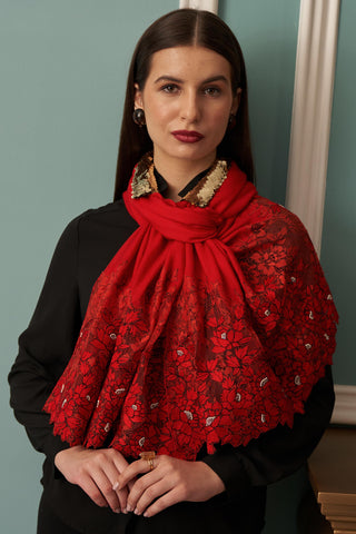 Stole Indian Wedding Wear - Red Rose Filigree Wool Silk by Mauli
