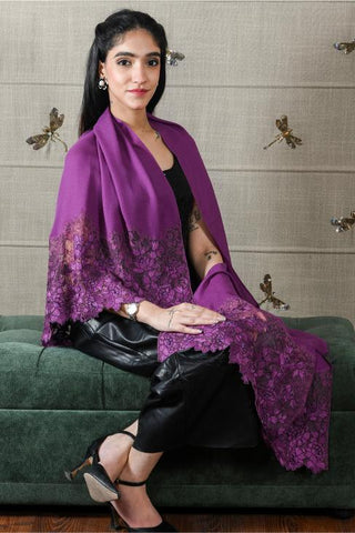 Stole Indian Wedding - Purple Rose Filigree Wool Silk by Mauli