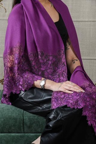 Stole Indian Wedding - Purple Rose Filigree Wool Silk by Mauli