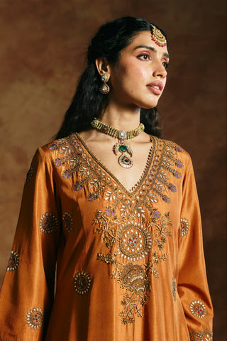 Close-up of the rust kurta's V-neck zardozi, round medallions and purple thread work by Aman Takyar at Mrs. G