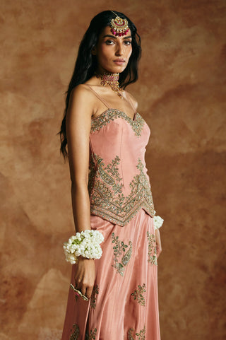 Side close-up of the onion pink sweetheart top with fine straps and chevron embroidery by Aman Takyar at Mrs. G