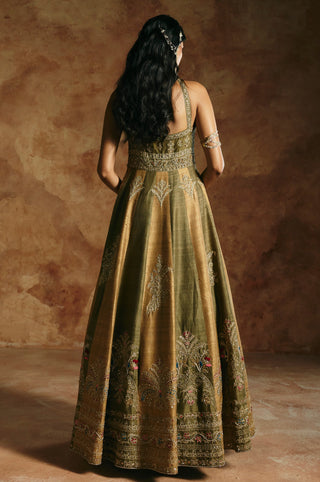 Back view of the green rust anarkali set with fitted bodice and striped floor-length skirt by Aman Takyar at Mrs. G