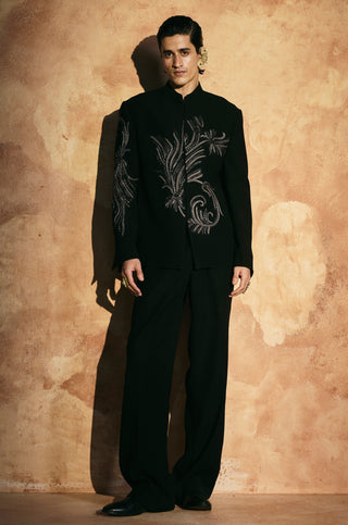 Full-length front view of the black jacket set with wide-leg trousers by Aman Takyar at Mrs. G