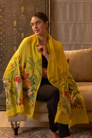 Stole Indian Wedding Wear - Yellow Toucan Day Fine Merino Wool by Mauli