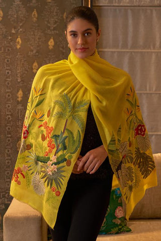 Stole Indian Wedding Wear - Yellow Toucan Day Fine Merino Wool by Mauli