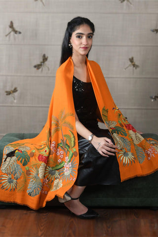 Stole Indian Wedding - Orange Toucan's Day Fine Merino Wool by Mauli