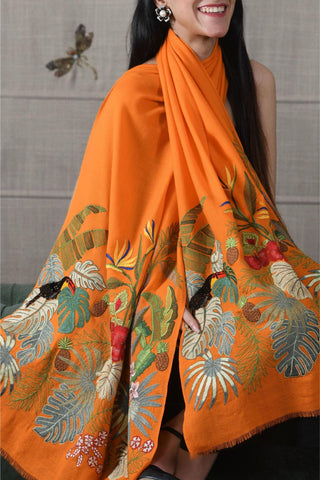 Stole Indian Wedding - Orange Toucan's Day Fine Merino Wool by Mauli
