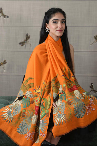 Stole Indian Wedding - Orange Toucan's Day Fine Merino Wool by Mauli