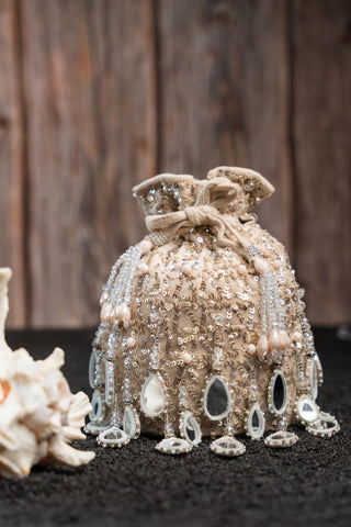 Designer Potli Bag Indian Wedding – Aaina Bucket Ecru by Nayaab by Sonia