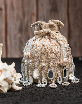 Designer Potli Bag Indian Wedding – Aaina Bucket Ecru by Nayaab by Sonia