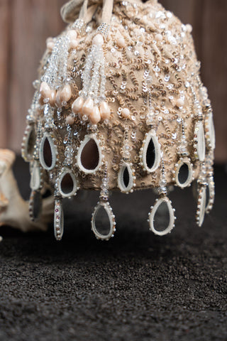 Designer Potli Bag Indian Wedding – Aaina Bucket Ecru by Nayaab by Sonia