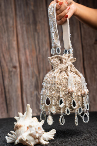 Designer Potli Bag Indian Wedding – Aaina Bucket Ecru by Nayaab by Sonia