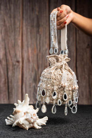 Designer Potli Bag Indian Wedding – Aaina Bucket Ecru by Nayaab by Sonia