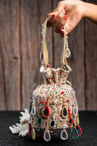 Embroidered Potli Bag Indian Wedding – Aaina Bucket Rangeela by Nayaab by Sonia