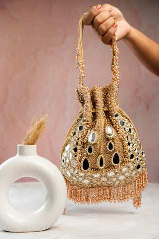 Wedding Potli Bag Indian Wedding – Aaina Jaal Jhaalar Gold by Nayaab by Sonia